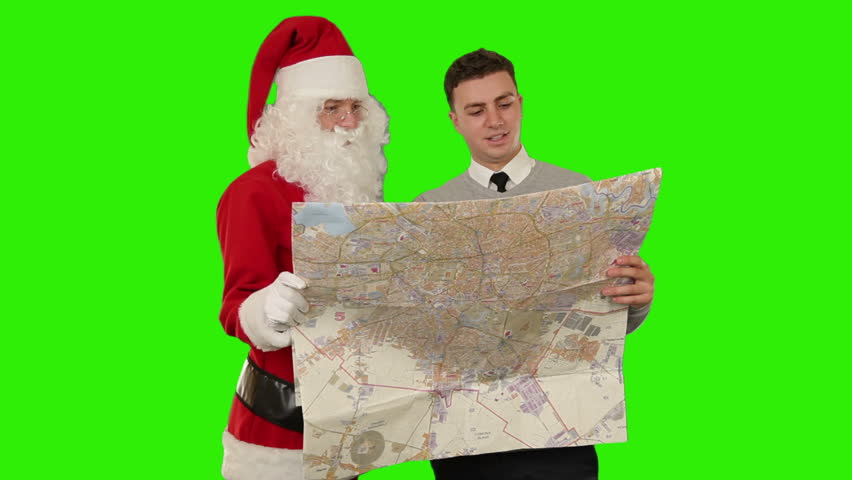 Santa Claus with a Young Businessman reading a map, Green Screen