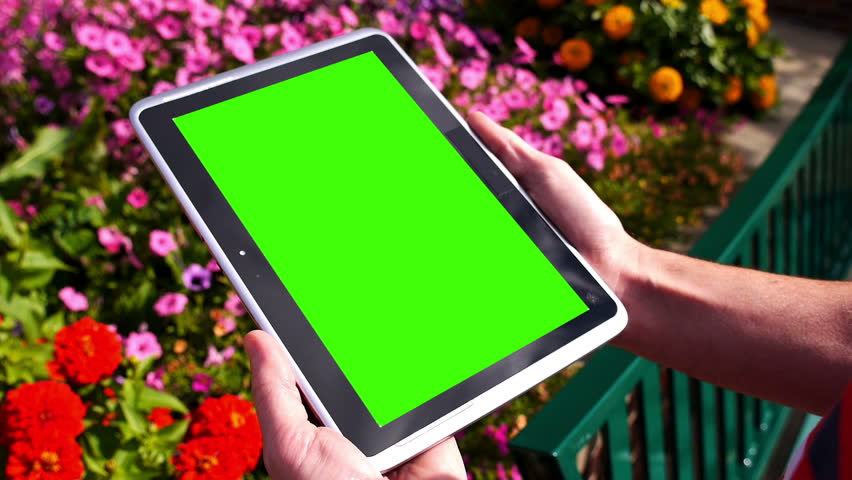 A man holds a blank tablet PC in portrait orientation with a green screen for