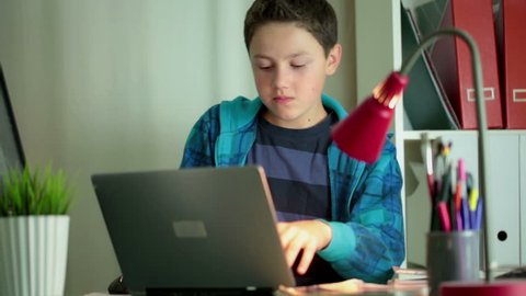 Young boy with modern laptop computer in home
