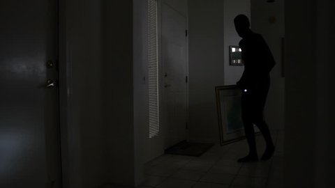 Burglar steals painting from house, uses flashlight to slip out garage door, nighttime break in. 1080p
