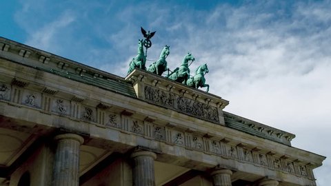 Quadriga of Brandenburg Gate (Brandenburger Tor) on Pariser Platz in Berlin, Germany (Time Lapse In Motion)