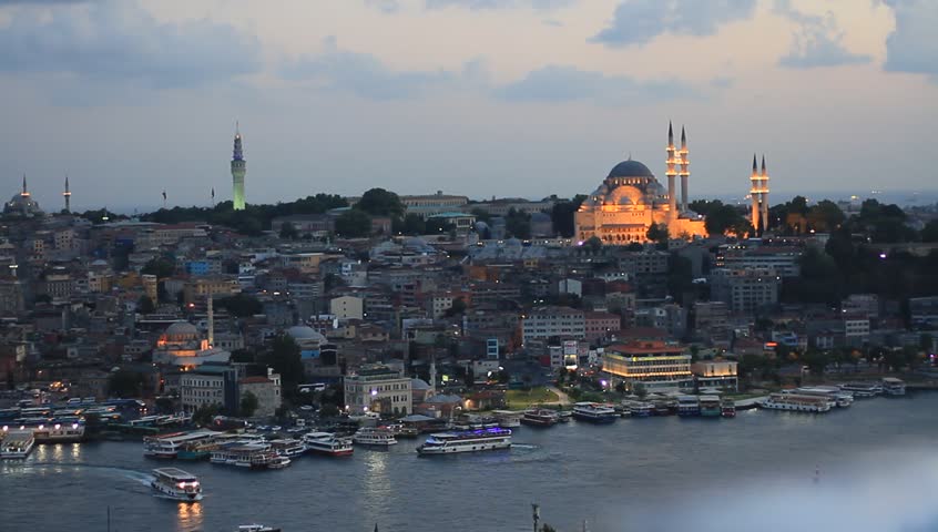 Old Istanbul in prayer time. Looking over Golden Horn to Suleymaniye Mosque, in