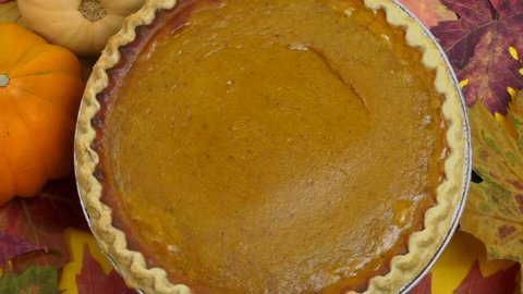 1920x1080 Thanksgiving pumpkin pie on display, rotates, against background of fall leaves, assorted squash. Video Stok