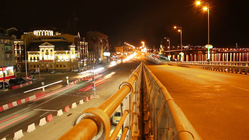 Cars night traffic time-lapse on bridge road junction urban city