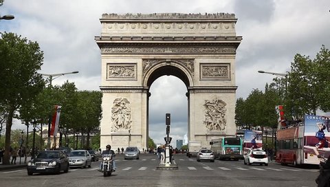 Arc de Triumphe, Etoile, one of the monuments of Paris, including Eiffel tower, Louvre, Montmartre, Montparnasse, Moulin Rouge, Seine, Trocadero, Pompidou Center, Notre Dame, Place de la Concord