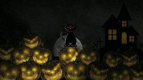 Full Moon Rise and Moving Clouds behind a Spooky House with Crosses, Stacks of Candle lit Carved Pumpkins and Black Cat on a Dark Scary Halloween Night Time Lapse 1080p - Powered by Shutterstock - Get 15% off with code: PIKWIZARD15