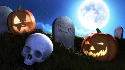 Happy Halloween Title.  A smooth ride up a dark grassy hill past jack o' lanterns, a skull and gravestones, resting at a final jack o' lantern. Bats fly into the sky, revealing "Happy Halloween".