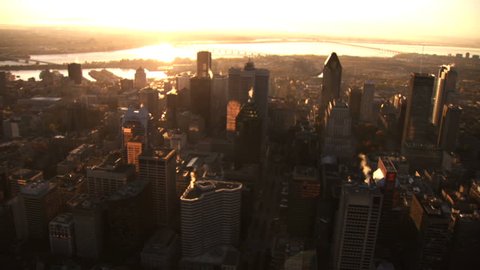 Aerial shot of downtown Montreal at sunrise Stock Video