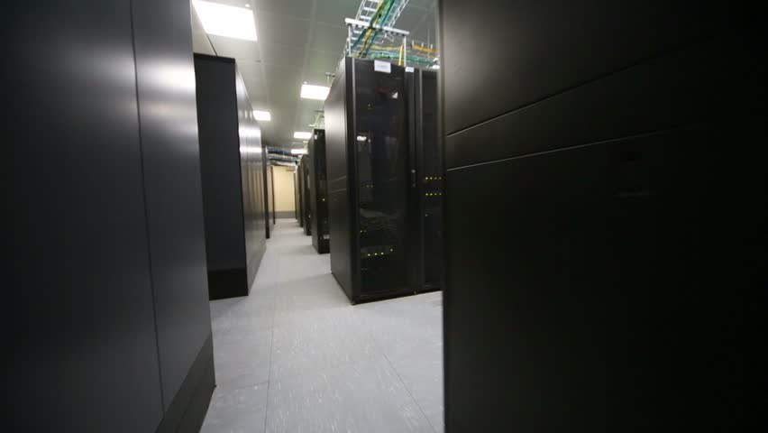 Room of data center with telecommunication racks and cables Royalty-Free Stock Footage #4717172