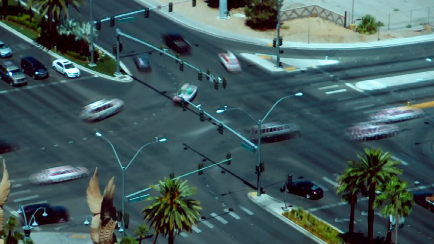 A timelapse shot of traffic crossing Las Vegas Boulevard.