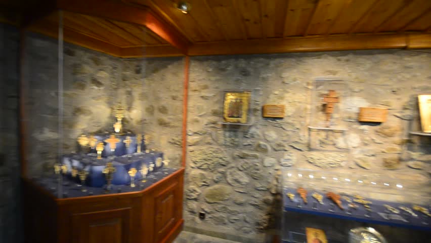 Meteora church monastery indoor- Stock Video. Famoust Greece monastery and