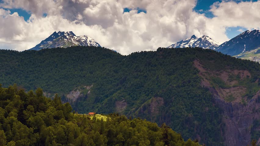 Time lapse clip. Majestic morning mountain landscape. Upper Svaneti, Georgia,
