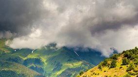 Time lapse clip. Majestic morning mountain landscape at the foot of  Mt. Ushba. Upper Svaneti, Georgia, Europe. Caucasus mountains. Beauty world. HD video (High Definition)