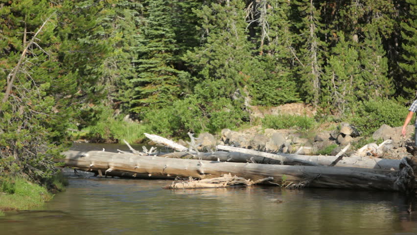 Couple with backpacks crossing creek on logs