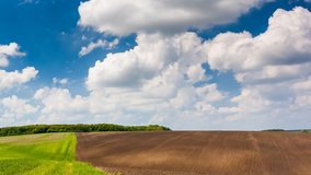 Time lapse clip. HD video (High Definition). Sunny day in the field with blue sky. Overcast sky. Ukraine, Europe. Beauty world.