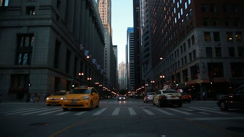 Chicago downtown lasalle street with taxis and police