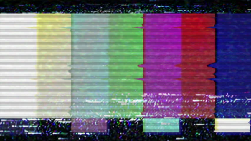 A flickering, analog TV signal with bad interference, static, and color bars. Contains two options for audio, change half-way through.