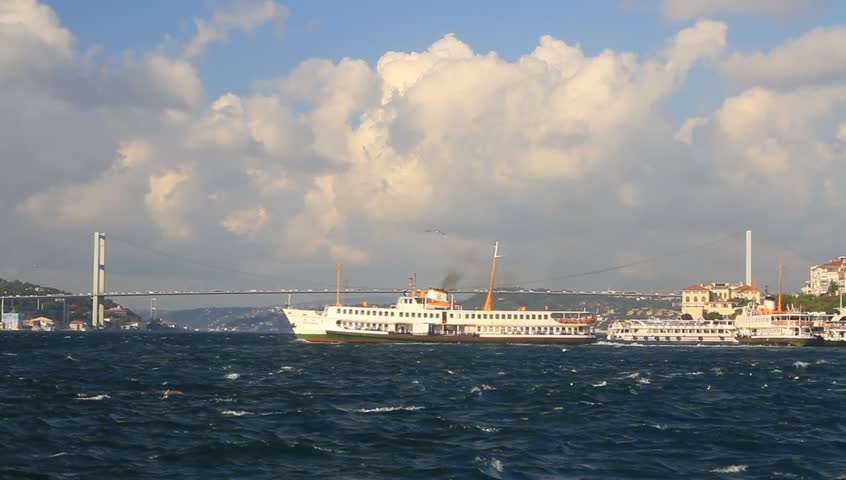 Uskudar Vapuru. Bosporus Sea with a commuter ferryboat sailing from the port in