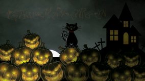 Happy Halloween Text with Stacks of Candlelit Carved Pumpkins, Black Cat, Crosses, Spooky House and Moonrise 1080p - Powered by Shutterstock - Get 15% off with code: PIKWIZARD15