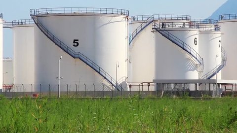 Big white oil storage tanks in Antalya, Turkey
