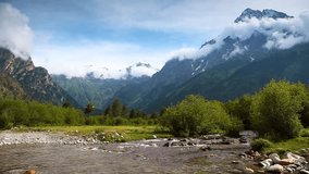 River in mountain valley at the foot of  Mt. Ushba. Upper Svaneti, Georgia, Europe. Caucasus mountains. Beauty world. HD video clip (High Definition)