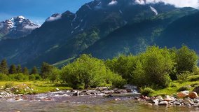 River in mountain valley at the foot of  Mt. Ushba. Upper Svaneti, Georgia, Europe. Caucasus mountains. Beauty world. HD video clip (High Definition)