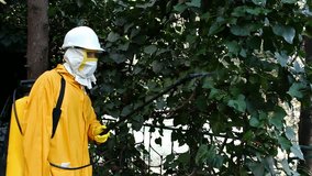 Exterminator ; specially equipped worker made pest in the garden,video clip