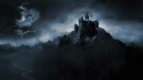 Scary dark castle. Animation showing painting of dark castle at midnight.