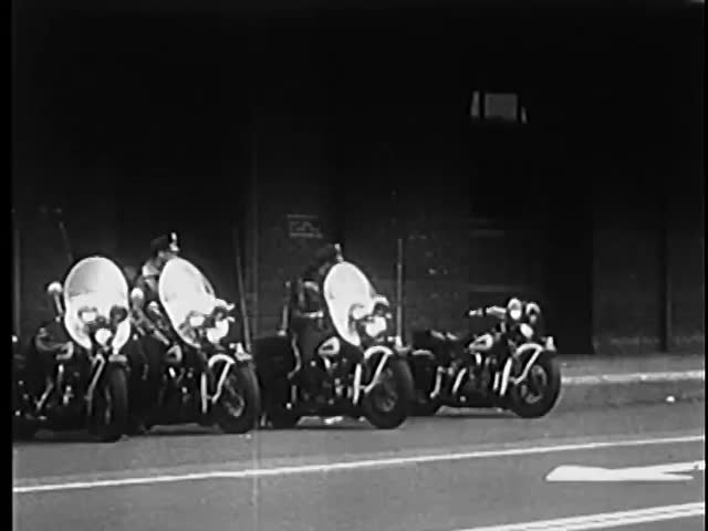Montage of motorcycle police and funeral cars on road