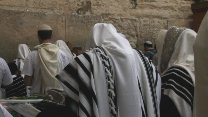 Unidentified men in tefillin praying at the Wailing wall (Western wall). Jerusalem. Israel Royalty-Free Stock Footage #4755878