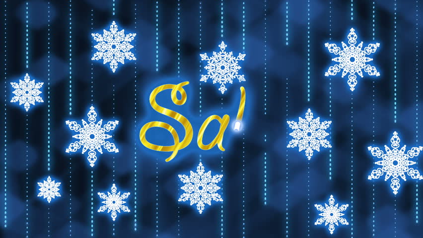 The iridescent dark blue background. Gradually appear white sparkling snowflakes
