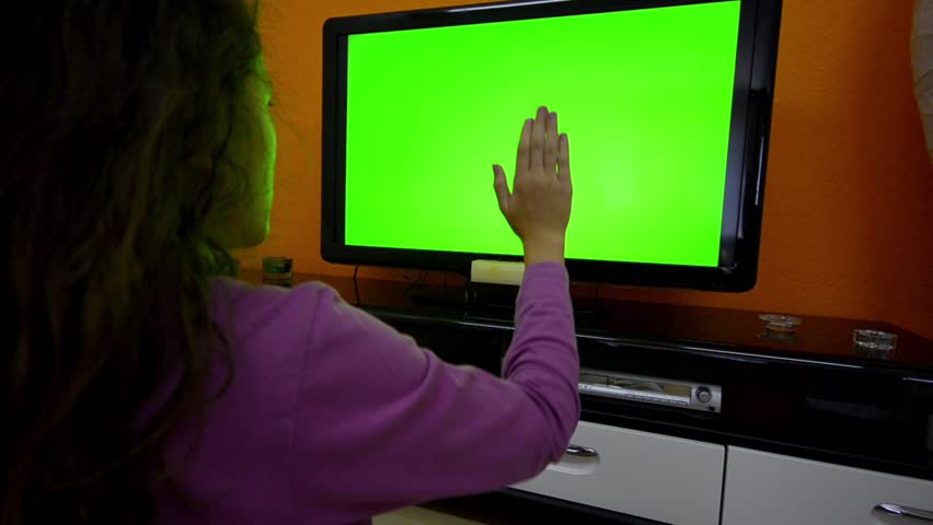 Girl with smart TV touchless touchscreen gestures dolly shoot zoom, 1080.