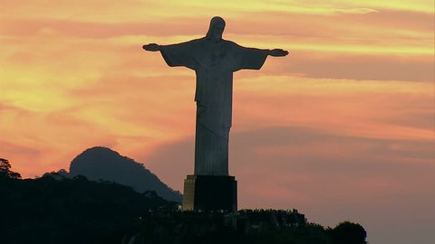 Aerial view of Christ the Redemeer Statue at Sunset, Rio de Janeiro, Brazil