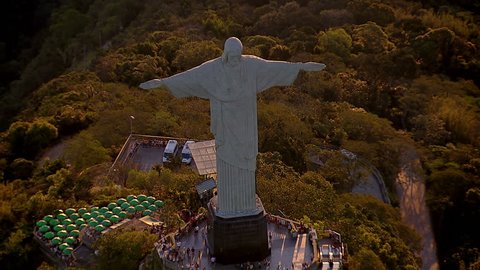 Aerial view of Christ the Redemeer Statue at Sunset, Rio de Janeiro, Brazil Adlı Haber Amaçlı Stok Video