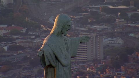 Closeup aerial view of Christ the Redemeer Statue at Sunset, Rio de Janeiro, Brazil