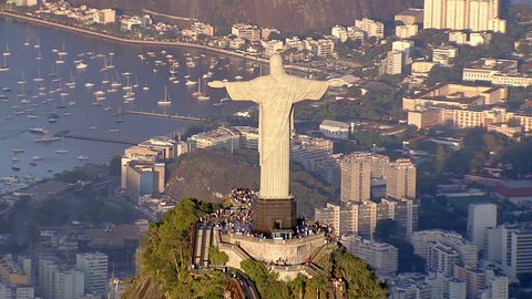 Aerial view of Christ the Redemeer Statue and bay with sail boats, Rio de Janeiro, Brazil