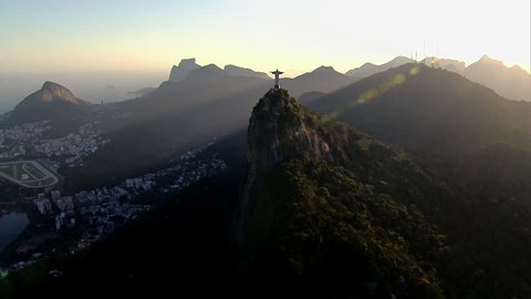 Wide angle aerial view of Christ the Redemeer Statueat sunset, Rio de Janeiro, Brazil