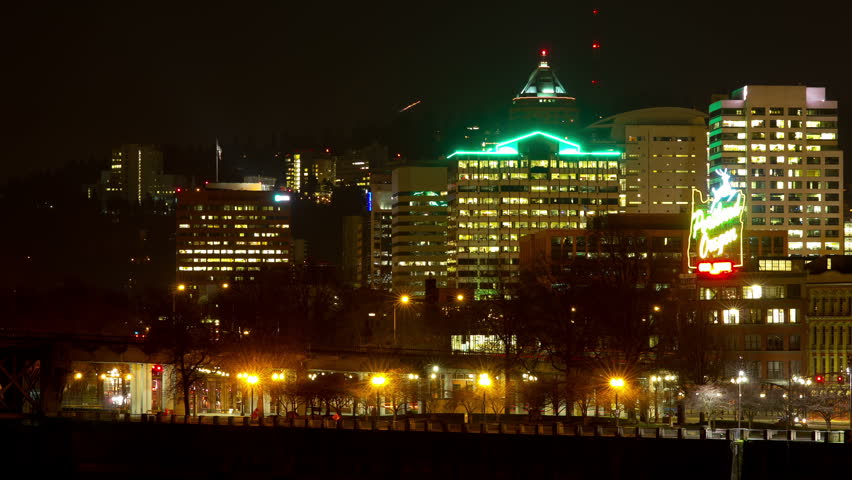 Time lapse of the city of Portland at night on the water