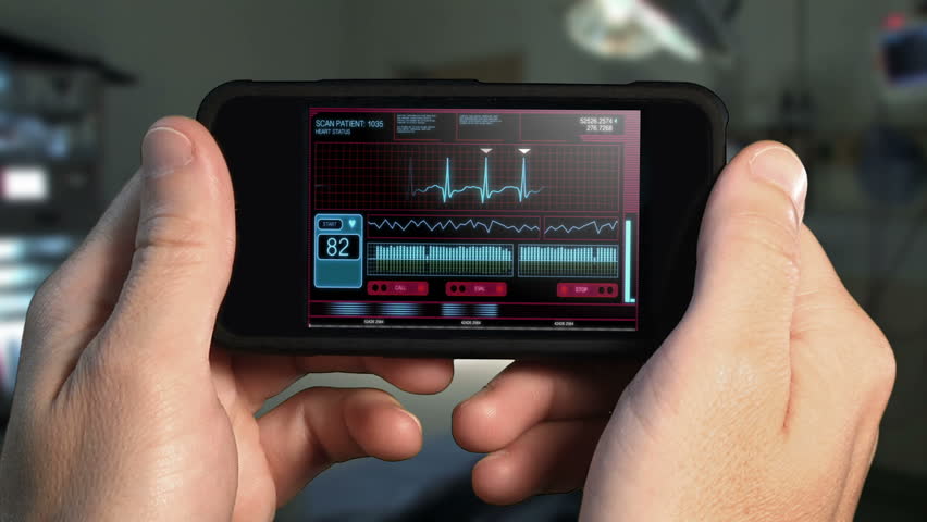 A doctor looks at a futuristic mobile health care device.  With optional luma