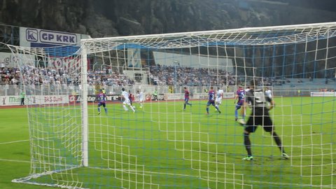 RIJEKA, CROATIA - SEPTEMBER 28: soccer match between HNK Rijeka and HNK Hajduk (1. Croatian Football league) 2013 in Rijeka, Croatia. Leon Benko (Rijeka) scores the goal.