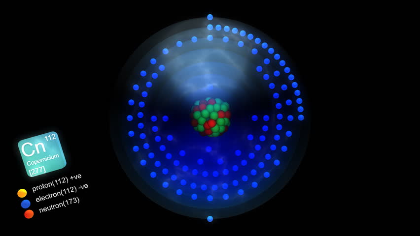 Copernicium atom, with element's symbol, number, mass and element type color.