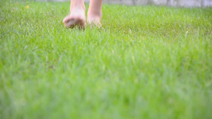 Child running in the garden - Stock Video. Feet of the baby running barefoot on