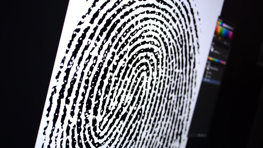 A security agent examines a fingerprint on a computer monitor.