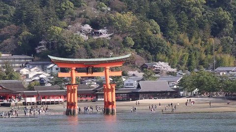 The Giant Torii Gate of the Itsukushima Shrine on Miyajima Island in Hiroshima, Japan. The sight is ranked as one of Japan's three best views.