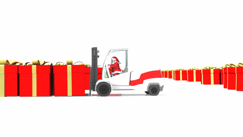 Santa driving loader creating Merry Christmas text