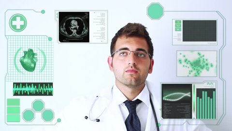 Montage images of medical researcher using 3D touchscreen virtual scientific laboratory research and hospital patients.