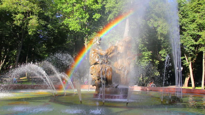 Veliky Novgorod - Sadko fountain with rainbow