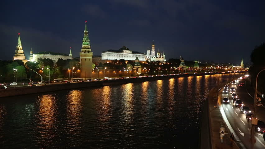 Moscow Kremlin and river at night - Russia