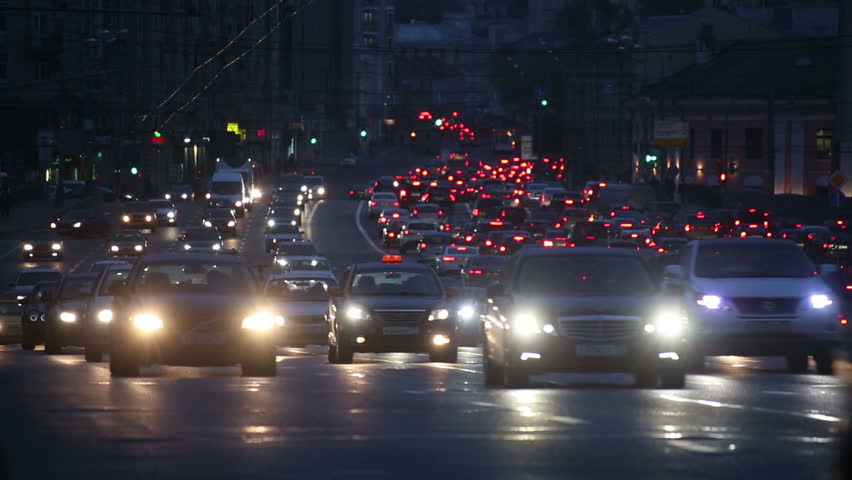 evening car traffic at rush hour in moscow