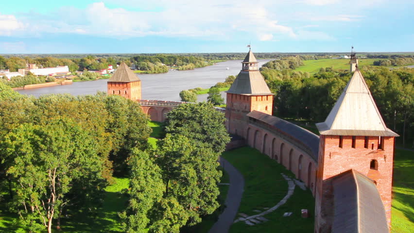 Veliky Novgorod - view from Kokuy tower on Kremlin, city and river - timelapse